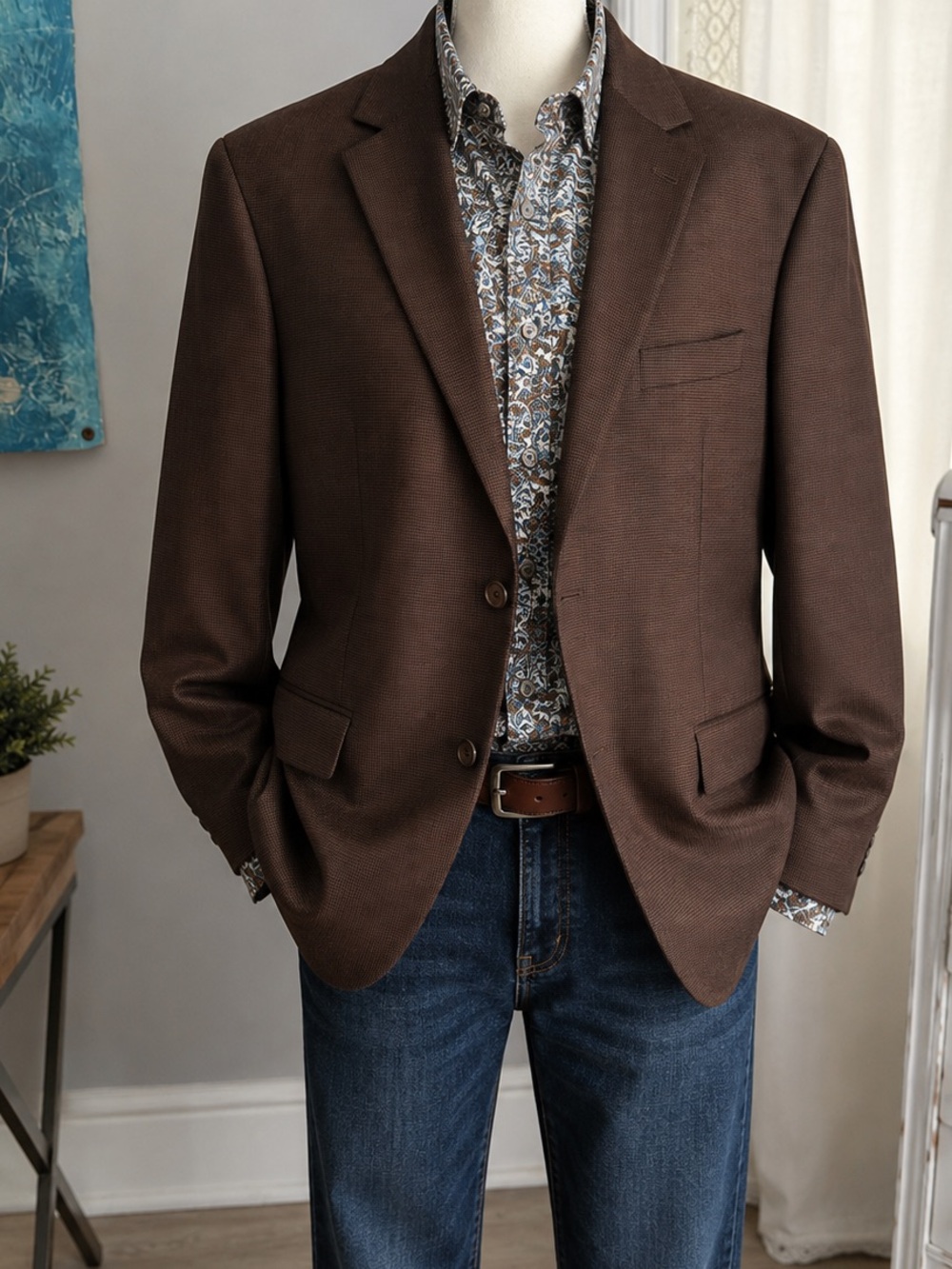 Oak Hill DXL Mens 2XL 50-52 Brown Sport Coat Blazer Stretch Paisley Lined